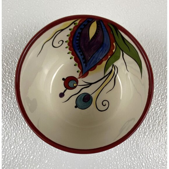 Corsica Kingston Handcrafted Red Trim Ceramic Colorful Paisley Bowl 3" X 3.75" - Picture 3 of 9